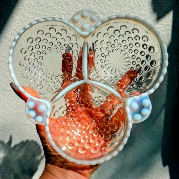 Vintage Fenton Moonstone Opalescent Hobnail Divided Dish with 3 Sections - Picture 3 of 7